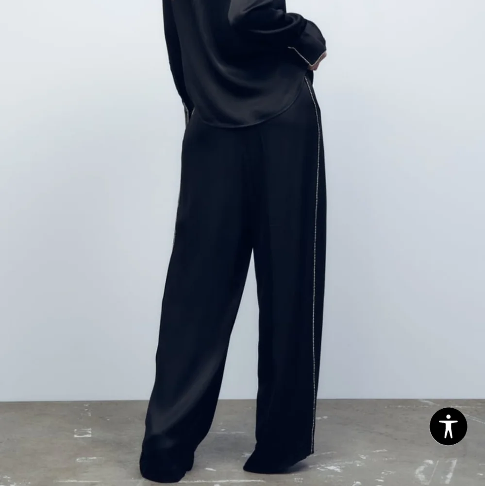 Zara Black Satin Effect Wide Rhinestone Pants Size XS